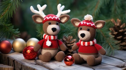 Christmas toy knitted deer. Handmade knitted toy created with Generative AI technology.