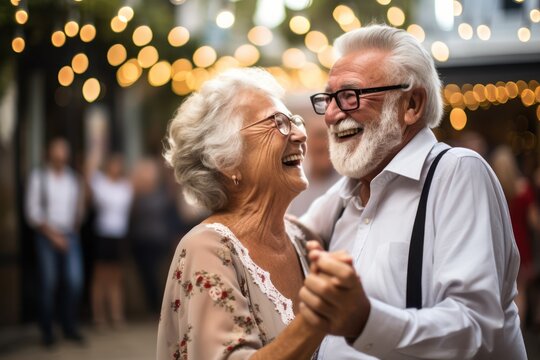 Elderly couple dancing, mature people having fun