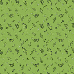 Green and black illustration with lemons pattern. Modern floral exotic print. Abstract tropical background. Lemon citrus texture background.