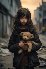 In the middle of an empty street is a girl holding her stuffed animal. She is wearing dirty clothes.. Generative AI