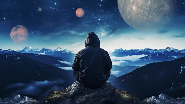 Conceptual video of a man observing the cosmos from the top of a mountain. He looks out into the vastness of the universe.