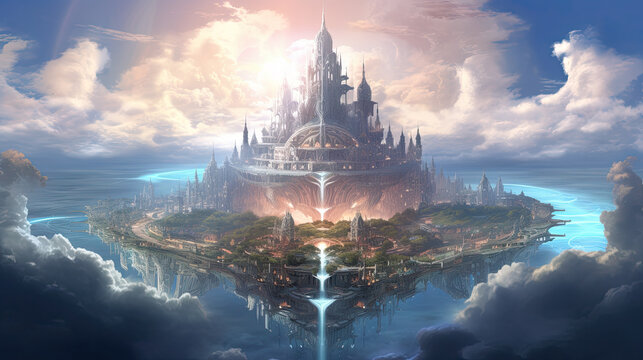 Floating city, castle in the sky, heaven, cascading waterfall, fantasy land, paradise