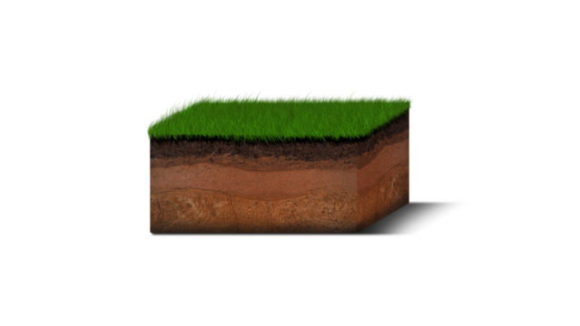 Isometric Soil Layers diagram, Cross section of green grass and underground soil layers beneath, stratum of organic, minerals, sand, clay, Isometric soil layers.