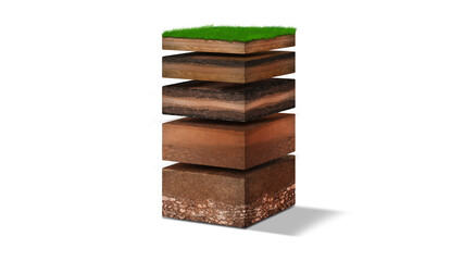Isometric Soil Layers diagram, Cross section of green grass and underground soil layers beneath, stratum of organic, minerals, sand, clay, Isometric soil layers.