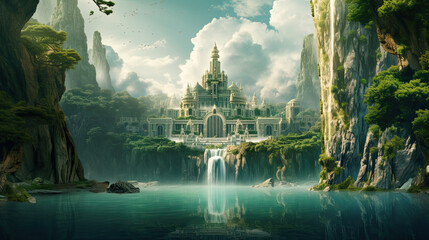 Fantasy castle in the forest with a cascading waterfall, fantasy scenery