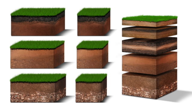 Isometric Soil Layers diagram, Cross section of green grass and underground soil layers beneath, stratum of organic, minerals, sand, clay, Isometric soil layers.