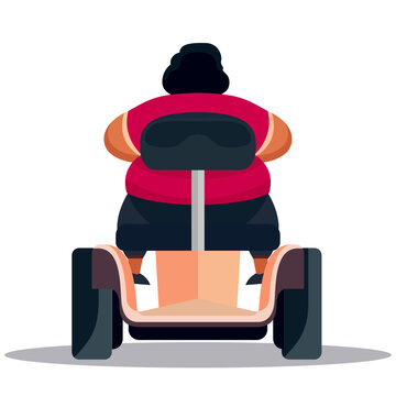 Fat female on a mobility scooter's back side view flat style vector illustration, Obese person, Obese woman on a mobility vehicle or cart stock vector image