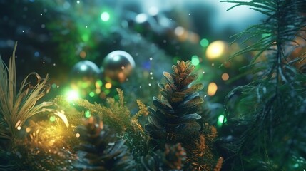 Fototapeta na wymiar Christmas tree branches with luminous garlands, pine cones and balls. Christmas lights. Christmas or New Year decor. Party decor. Illustration for banner, poster, cover, brochure or presentation.