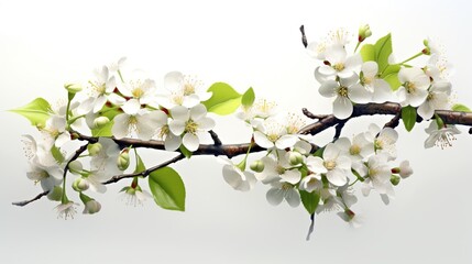 Obraz premium Realistic fruit tree branch with spring flowers. Beautiful flowering apple tree in spring day. Generative AI. Illustration for cover, card, postcard, brochure, advertising or presentation.