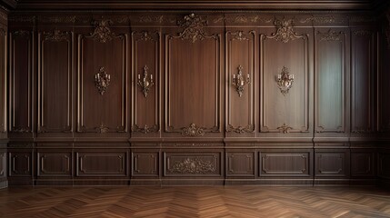 Premium style an empty room with wooden boiserie on the wall, featuring walnut wood panels.