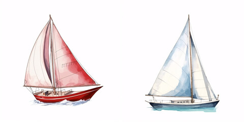 Hand drawn watercolor painted sailboat isolated on white background. Sailing illustration. - obrazy, fototapety, plakaty