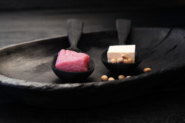 Concept, ecological choice, meat or soy. Alternative food. Protein food, meat or soy. Equivalent food, food of the future.