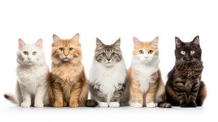 Fototapeta na wymiar Group of sitting cats of different breeds on a white background