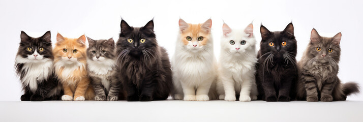 Group of sitting cats of different breeds on a white background