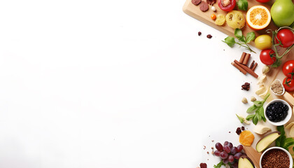 food, fruits and vegetables on white board with copy space background