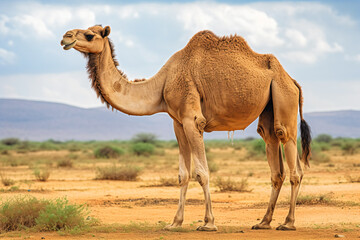 a camel standing in a desert with a mountain in the background
