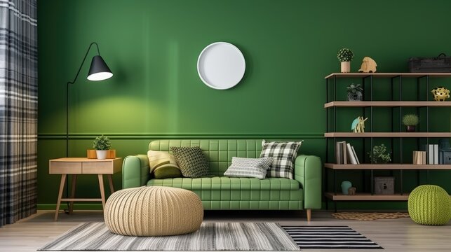Stylish and cozy child room interior design with green wall, sofa, pillow, carpet, plaid, stool, and accessories.
