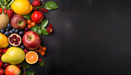 fruits and vegetables on black background with copy space