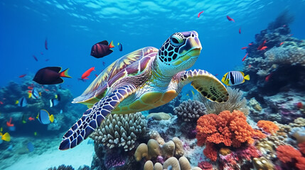 coral reef with turtle and fish - obrazy, fototapety, plakaty