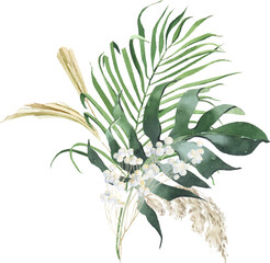 Tropical jungle watercolor vector greenery bouquets. monstera and palm leaves. dried tropical leaves, Summer tropical, Perfect for wedding invitations, prints, postcards, posters. 