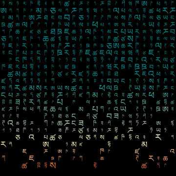 Appealing matrix background in yellow and blue colors. Grid of random Tibetan symbols. Stylish square vector illustration.