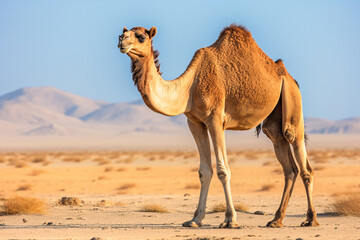 a camel standing in the desert with mountains in the background