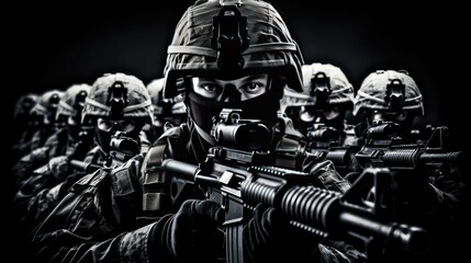 Fototapeta premium A platoon of soldiers in full combat gear stand together with weapons in their hands. Soldiers of a private military company. Brothers in Arms. participants in military conflicts. Army concept.