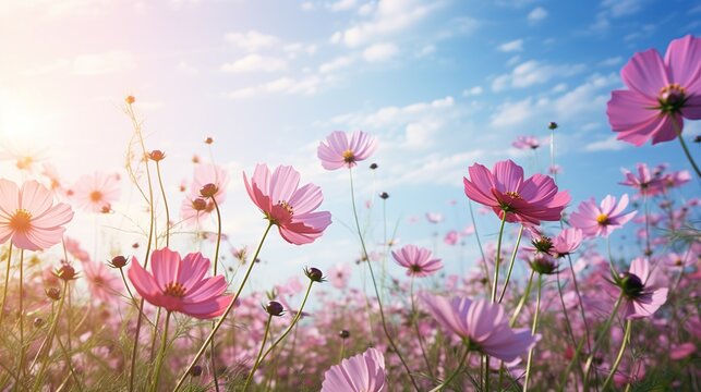  a field full of pink flowers with the sun shining through the clouds.  generative ai