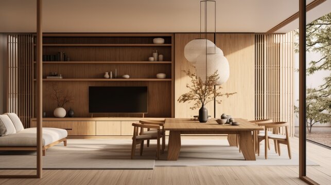 Contemporary Japandi apartment design with earthy tones, wooden furniture, and sliding Japanese doors.