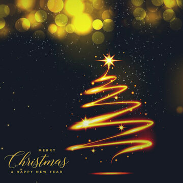 Merry Christmas and Happy New Year with Golden Christmas Tree Graphic Wallpaper on Blurred Bokeh Background