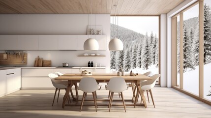 Nordic style home with white minimalist kitchen and dining area, wooden floor, large wall decor, and window with white landscape.