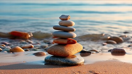 A stack of stones on the ocean at sunset. Pyramid of pebbles on the beach. The concept of balance, harmony, meditation, rest or seaside vacation. Illustration for cover, card, interior design or print