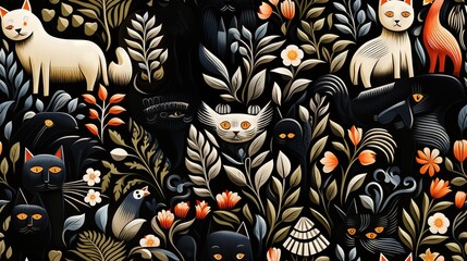  a painting of cats surrounded by plants and flowers on a black background.  generative ai
