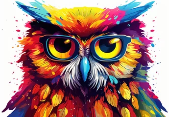 Photo sur Plexiglas Dessins animés de hibou A cute multicolored owl with glasses is painted with watercolors. Close portrait of eagle-owl with paint splashes. Digital art. Printable design for t-shirt, bag, postcard, case and other products.