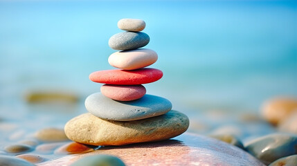 Stack of pebble stones on the beach. Zen concept.