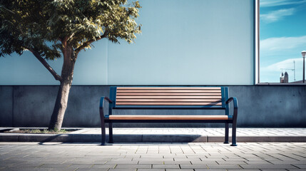Urban landscape where the bench becomes an contrast between city motion and their stillness. Banner. Generative Ai content. - obrazy, fototapety, plakaty