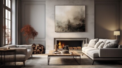 Real photo of a warm living room interior featuring a wooden table, grey corner settee, painting, and fireplace.