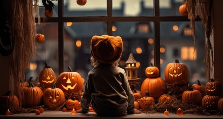 A child sitting in front of a window with carved pumpkins
