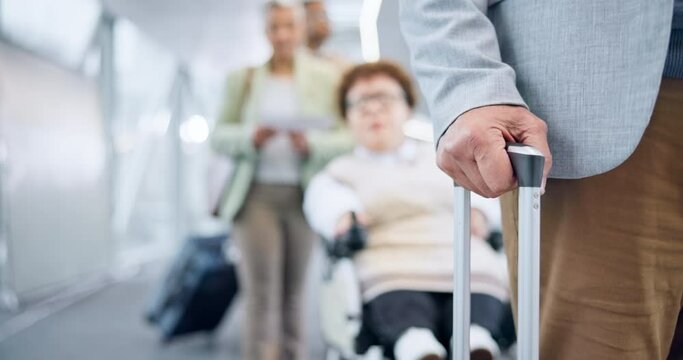 Business people, airport queue and closeup with luggage, global immigration and international flight. Travel group, terminal and wheelchair accessibility for person with disability for transportation