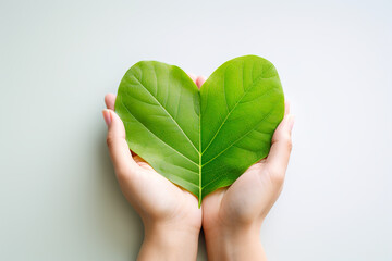 Hand holding green leaf in shape of heart