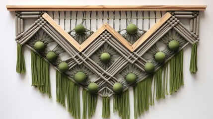 Unique green and gray macramé wall hanging with wood and glass elements on a white background.