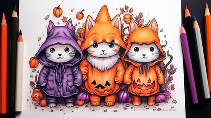 A drawing of three cats dressed up as pumpkins