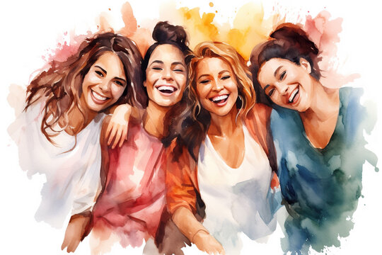 Group of happy women friends smiling and having fun together. Watercolor painting.
