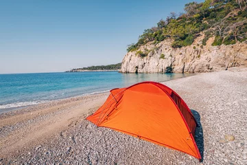 Keuken foto achterwand Camps Bay Beach, Kaapstad, Zuid-Afrika An idyllic beach on the Lycian Way becomes the ideal camping spot, with a tent poised to offer a cozy retreat in harmony with nature's splendor.