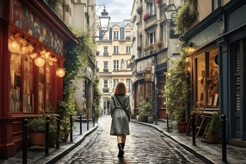 Fototapeta na wymiar beautiful woman walking in a European alley. generative AI illustration.