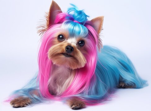 Head shot of chinese chrested dog colored with pink light Created with Generative AI technology.