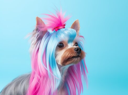 Head shot of chinese chrested dog colored with pink light Created with Generative AI technology.