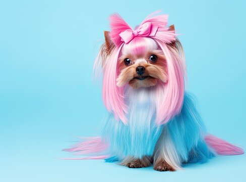 Head shot of chinese chrested dog colored with pink light Created with Generative AI technology.