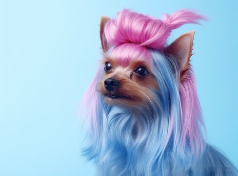 Head shot of chinese chrested dog colored with pink light Created with Generative AI technology.