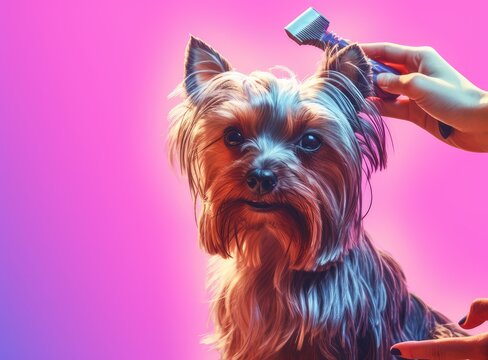 Head shot of chinese chrested dog colored with pink light Created with Generative AI technology.
